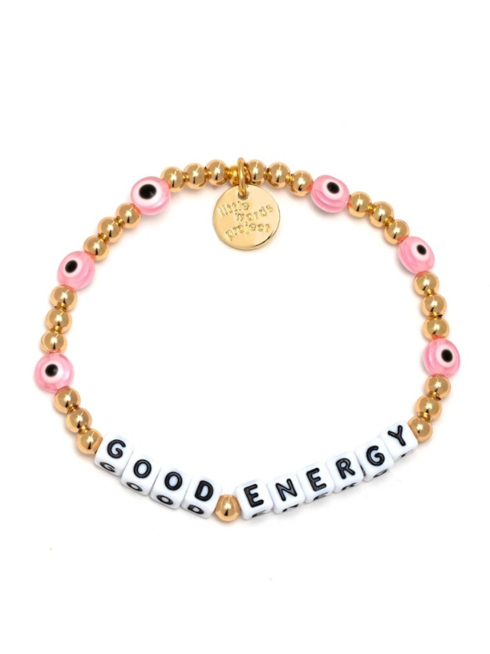 Little Words Project Good Energy Bead Pink Evil Eye Gold Plated Stretch Bracelet